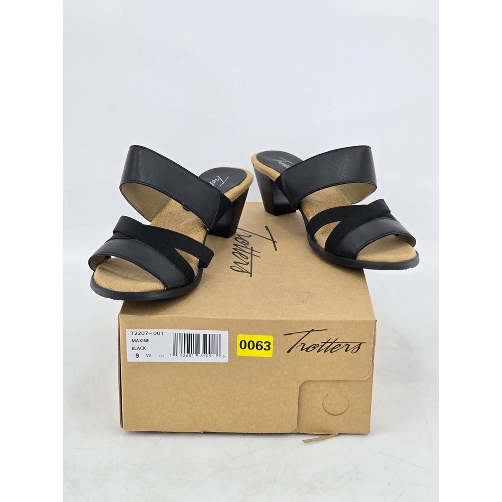 Trotters Maxine Sandals Women 9 W Black Leather Strappy Block Heel - NEW